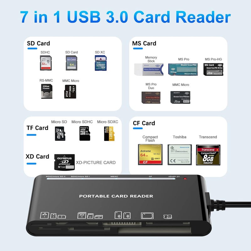 Rocketek xD-Picture Card Reader USB 3.0, Memory Card Reader for xD/CF/MS/SD/TF Card - 7-in-1 Card Reader/Adapter for Windows, Mac, iOS, Android(USB-A + USB-C) - Image 2